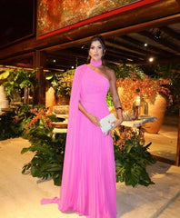 Fuchsia One Shoulder Prom Dress With Draped Sleeve Elegant