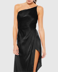 One shoulder neckline sleeveless satin asymmetrical skirt floor length evening dress