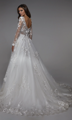 Chiffon lace illusion collar deep V illusion and floor length wedding dresses