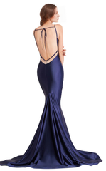 Mermaid V-neck slim shoulder strap backless and floor length evening gown