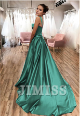 Thin shoulder strap satin ball gown with long A-line slit and pleated formal party evening gown
