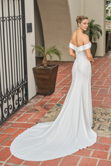 Off shoulder collar with fitted horn and floor length wedding dress