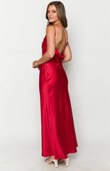 Jimiss asymmetrical neckline backless satin side slit long Prom dress