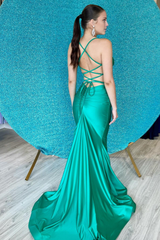 Jimiss thin shoulder strap green pleated mermaid long prom dress