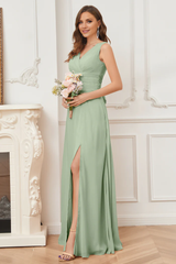 V-neck sleeveless chiffon side slit and floor length bridesmaid dress