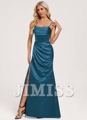 Trumpet/Mermaid Hood Ruffle Floor Length Satin Bridesmaids Dress