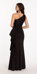 Jimiss asymmetrical collar tight corset with ruffled edges and floor length Prom dress