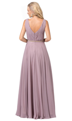 A-line sleeveless V-neck pleated body and floor length Prom dress