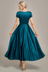 Peacock Green V-neck A-line pleated satin bridal mother gown
