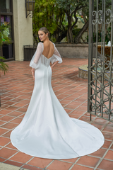 Satin slim fit trumpet bead transparent bubble sleeves and floor length wedding dress