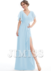 Ruffled A-line V-neck Floor-length Chiffon Bridesmaids Dress
