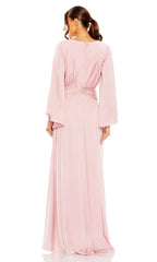 A-line long sleeved V-neck satin and floor length Prom dress