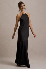 Hanging neck collar satin backless mid length evening dress - Jimiss dress
