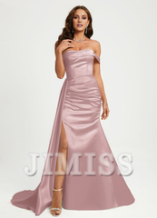 Trumpet/Mermaid Off-the-shoulder Floor-Sweeping Train Satin Prom Dress