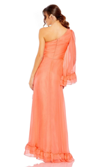 One shoulder long sleeved off shoulder ruffle edge and floor length Prom dress