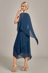 Navy Blue A-line Low Round Neck Chiffon Bridal Mother Dress