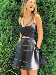2 Pieces Short Black Prom Dresses, Two Pieces Short Black Formal Homecoming Dresses