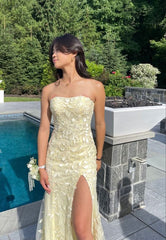 Fancy Lace Long Prom Dress Yellow Strapless Gala Dresses with Slit