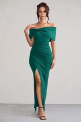 Bow detail thigh slit and floor length evening dress - Jimiss Dress