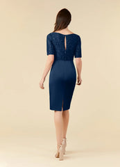 Sheath Sequins Lace Tea Length Dark Navy formal dresses evening dress Mother of the Bride Dresses