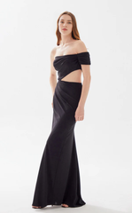 A-line heart-shaped collar shoulder baring tight fitting and floor length evening dress