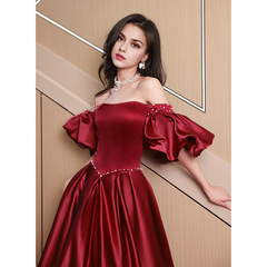 A-Line Princess Satin Beaded Long Party Dress Puffy Sleeves Prom Dress