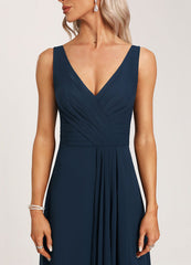 Ruffled A-line V-neck Floor-length Chiffon Bridesmaids Dress