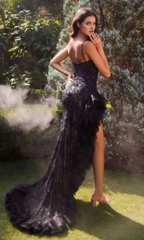 Black V-neck fitted lace side slit with ruffled edges and floor length Prom dress