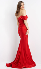 Red off shoulder collar with single sleeves and floor length Prom dress