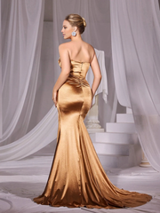 Mermaid twisted pleat front slit thigh satin strapless and floor length formal dress