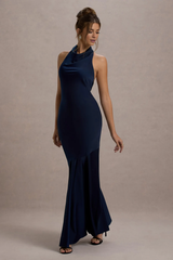 Satin long neck backless mermaid and floor length evening dress - jimiss dress