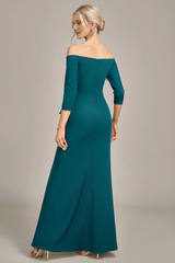 Fishtail pattern dark green off shoulder layered ruffle edge bridal mother dress