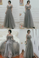 Gray Tulle Sequins Long Prom Dresses, A-Line Evening Dresses