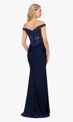 Off shoulder navy blue long bead embroidery slim side and floor length Prom dress