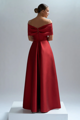 Off shoulder satin tight corset, backless and floor length evening gown