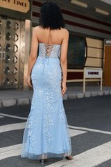 Light blue fashionable mermaid sweetheart tight corset evening dress