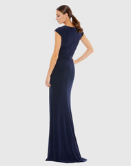 V-neck pleated side slit floor-length evening dress