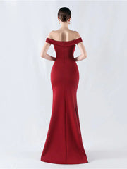 Off shoulder pleated slit and floor length gown evening dresses
