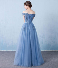 Elegant tulle lace applique long prom dress, blue evening dress