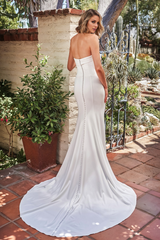 Strapless asymmetrical hanging crepe fitted horn and floor length wedding dress