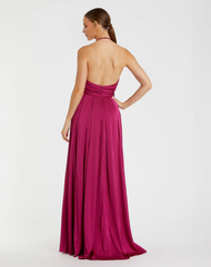 Halter neck V-neck sleeveless satin side slit floor-length evening dress
