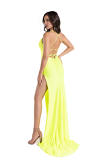 Hanging neck spoon collar thin shoulder strap back tie and floor length evening dress