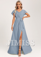 Ruffled A-line V-neck Floor-length Chiffon Bridesmaids Dress