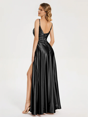 V-neck soft satin side slit bridesmaid dress
