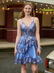 Shiny V-neck thin shoulder strap with stacked short Homecoming dress