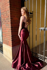 Jimiss deep V-neck wine red slit mermaid long prom dress