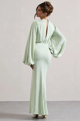Bubble sleeve hollow round neck and floor length evening dress - Jimiss dress