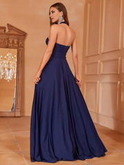 Hanging neck exposed back side slit and floor length formal dress