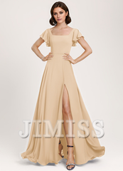 Ruffled A-Line Square Floor-Length Chiffon Bridesmaids Dress