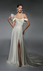 Perfect satin off shoulder straight tube backless slit trailing skirt wedding dress